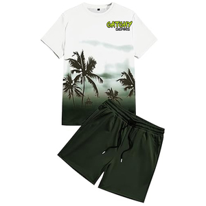 ชุดเสื้อยืดและกางเกงขาสั้นผ้าถักพิมพ์ลายสำหรับผู้ชาย ชุดกีฬาลำลองระบายอากาศได้ดี ชุดสองชิ้น - Product Image 2