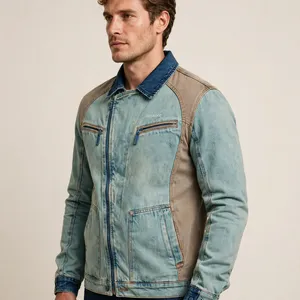 Veste en jean pour homme, couleur personnalisée, avec empiècements contrastés, fermeture éclair, col rabattu, style décontracté, pour l'automne - Product Image 5