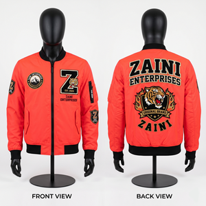 Blouson Bomber Homme en Polyester Sergé Premium 240 GSM Orange Fluorescent avec Bordure Noire et Logo Personnalisé en Chenille - Product Image 1