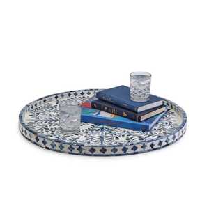 Plateau décoratif rond moderne style bohème avec incrustations en os et motif mosaïque artisanal pour coiffeuse, table basse - Product Image 4
