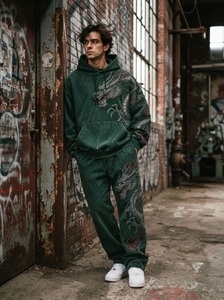 Ensemble de survêtement homme vert foncé, sweat à capuche oversize et pantalon de jogging, streetwear, broderie personnalisée du logo, coton épais - Product Image 4