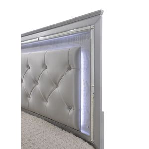 Modern King LED Faux Leather Upholstery <b>Panel</b> Bed Beveled <b>Mirror</b> Accents Textured Footboard Silver Beige Finish Up-Holstered Bed - Product Image 3