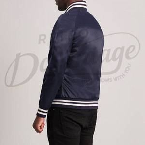 Veste de baseball classique en satin bleu marine pour homme, style bomber décontracté, boutons pression, style Letterman, avec bordure côtelée rayée - Product Image 2