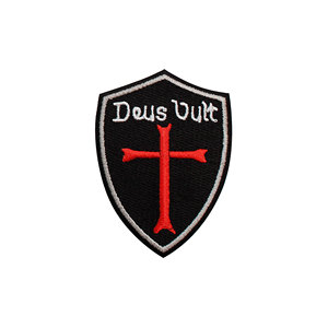 Custom Embroidered Iron-On Deus Vult Templar Knight Patch Red Cross on Black Shield Design with Hook Backing for Apparel & Hats - Product Image 1