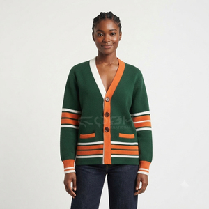 Pull en tricot vert pour femme Cosh International, cardigan décontracté à manches longues avec rayures et logo en chenille, pull pour femme - Product Image 5