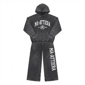 Conjunto de Sudadera con Capucha Negra Lavada Personalizada y Pantalones Anchos de Felpa para Mujer, Chándal de Algodón Estilo Urbano OEM ODM - Product Image 4
