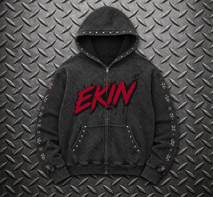 Custom Heavyweight Cotton Applique Embroidery Diamond studded Hoodie Men's Acid Washed Hoodies Zip up Rhinestones Hoodie Men - Product Image 1