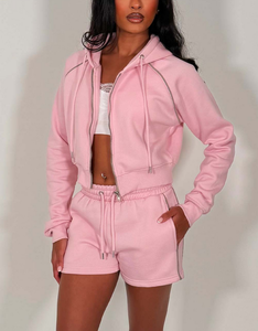 2026 Custom Autumn Full <b>Zip</b> <b>Up</b> Crop Top Hoodie Jacket and Shorts Sets for Casual 2 Piece Y2k Tracksuit Cotton/Poly Blend 280 GSM - Product Image 1