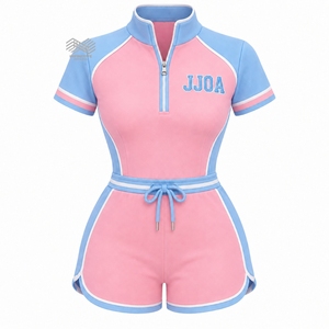 Combinaison Athlétique Brodé(e) Rose et Bleu à Manches Courtes avec Fermeture Éclair au Quarto pour Femme JJOA Jack and Jill of America – Vente en Gros Personnalisée - Product Image 1