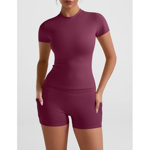 Conjunto Deportivo de 2 Piezas para Mujer, Color Ciruela, Top Corto de Manga Corta con Bolsillo, Pantalones Cortos de Cintura Alta, Tejido Sólido Transpirable, Primavera Verano - Product Image 4