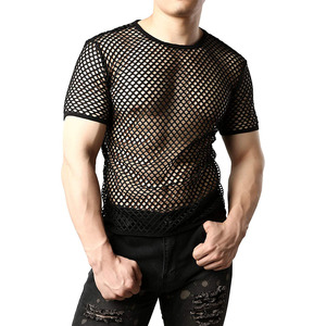Men's <b>Blue</b> <b>Mesh</b> T-Shirt Short Sleeve O-Neck Slim Fit Breathable Knitted Street Style Solid Color - Product Image 4