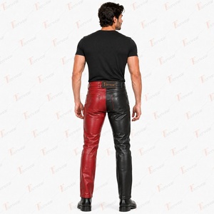 Pantalones de Cuero para Hombre Thorbeak, Diseño Color Block, Cintura Alta, Estilo Motociclista, Negro y Rojo, Cierre de Cremallera - Product Image 3