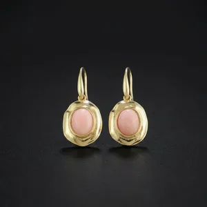 Natural Pink Opal Oval Cabochon Earrings Vintage Style 18k Gold Plated Dangle Earrings Pair Unique Latest Design Fancy Jewelry - Product Image 1