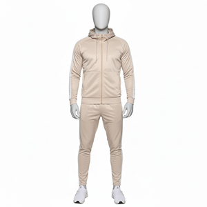 Men Winter Hooded Full Zip Casual Jogger Tracksuit Beige Two Piece Regular Fit Training Outfit <b>Athletic</b> Workout Gym 100% Cotton - Product Image 2