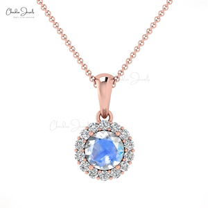 Colgante Halo de Oro Sólido de 14k Hecho a Mano con Piedra Lunar Arcoíris Natural de Corte Brillante de 4mm y Diamantes, Proveedor Mayorista - Product Image 3