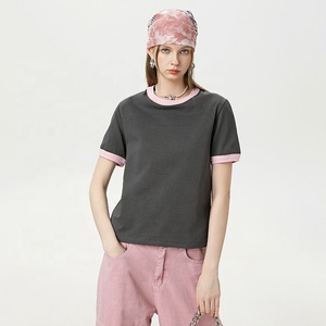 260gsm Cotton Blend Women's Contrast Trim Short Sleeve Crewneck Athleisure T-Shirt Breathable Casual Streetwear Tee for Women - Product Image 1
