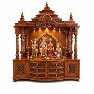 Premium Eco-Friendly Solid Teakwood Pooja Mandir Hand Carved <b>Temple</b> for <b>Home</b> Large Prayer Unit Storage Drawers LED Lighting - Product Image 1
