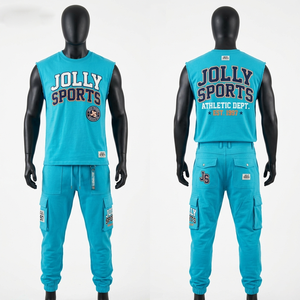 เสื้อยืดแขนกุดผ้าฝ้ายฟลีซ 280 GSM สำหรับผู้ชาย กางเกงคาร์โก้สีฟ้าพิมพ์ลายพัฟ ชุดเสื้อยืดแขนกุดและกางเกงสำหรับผู้ชาย - Product Image 1