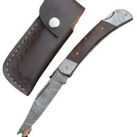 Couteau pliant personnalisé en acier Damas, pointe tombante, manche en bois, bouton de pouce, épaisseur de lame 0,6 mm, couteaux de poche à vendre