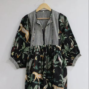 เดรสผ้าฝ้ายพิมพ์ลายบล็อกมือสไตล์โบฮีเมียน คีร่า ทรงมิดิ สำหรับฤดูใบไม้ผลิ - Product Image 1