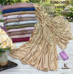 ชุดฮิญาบผ้าชีฟองซาตินโพลีเอสเตอร์หรูหรา Kashkha ชุด 12 ชิ้น คอลเลคชั่นหลากสี ประดับด้วยคริสตัลสีทองคุณภาพพรีเมียม - Product Image 1