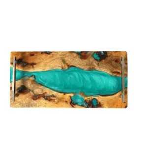 Handmade Turquoise Blue Epoxy Resin Wood River Serving Tray Live Edge Walnut Wood <b>Coffee</b> <b>Table</b> Tray with Silver Metal Handles - Product Image 1