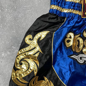 Thai Boxing Shorts Blue Black Gold Embroidered Muay Thai Fight Wear Unisex Adult Regular Fit 100% Polyester <b>Stretch</b> Durable - Product Image 3