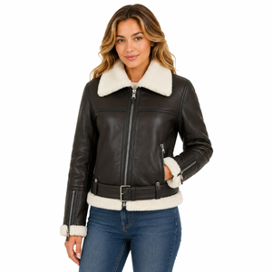 Veste d'aviateur en peau de mouton authentique pour femme – Elsie marron et blanc - Product Image 1