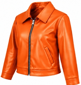 Chaqueta de Cuero Genuino Naranja para Mujer, Estilo Motociclista, Cuello Camisero, Cierre de Cremallera, Manga Larga, Chaqueta Corta - Product Image 3
