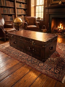 Table basse vintage en bois de manguier, coffre de rangement en cuir buff avec accessoires en laiton, meuble artisanal - Product Image 3