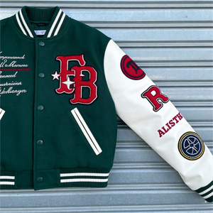 Women’s Cropped Bomber Varsity <b>Jacket</b> OEM <b>Leather</b> Sleeves with Custom Embroidery Logo, Baseball Style - Product Image 3