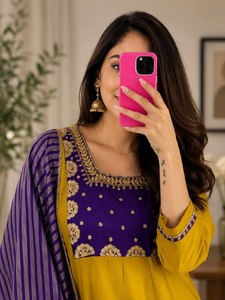 <b>Womens</b> Pure Viscose Traditional Mul Chanderi Embroidered Ankle-Length <b>Kurta</b> Pant Dupatta Set Sequence Work Heavy Jacquard - Product Image 6