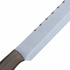 Cuchillo de rebanar de hoja larga dentada plateada con mango de madera de grano oscuro para cortar pan y carne, preparación de alimentos en la cocina - Product Image 4