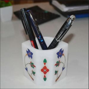 Handcrafted <b>White</b> Marble Inlay <b>Pen</b> Holder Pietra Dura Desk Organizer for Office & Home - Product Image 2