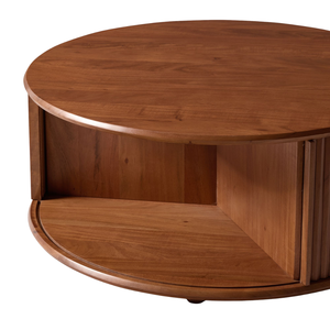Mesa de Centro Redonda de Madera de Teca Sólida de Estilo Japonés de Lujo con Puerta Corredera Tambour y Almacenamiento Oculto para Muebles de Sala de Estar - Product Image 3