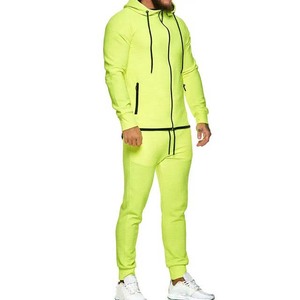 Survêtement à capuche vert fluo pour homme, fermeture éclair intégrale, coupe décontractée, polyester, couleur unie, avec poches latérales, idéal pour le printemps - Product Image 2