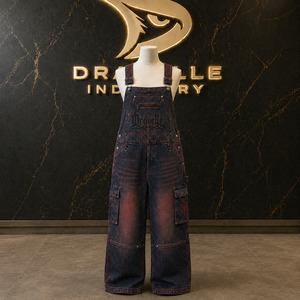 Mono vaquero Cargo unisex, estilo Y2K, holgado, azul rojizo lavado con bordado, estilo streetwear, venta al por mayor de fábrica - Product Image 1
