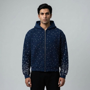 Men <b>Black</b> Rhinestone Hoodie Full Zip Rhinestones Hooded Sweatshirt <b>Jacket</b> <b>Sparkly</b> Custom Wholesale OEM Streetwear - Product Image 4