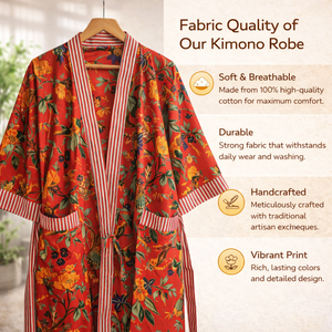 ชุดคลุมกิโมโนผ้าฝ้ายลายต้นปาล์มสีส้มแปลกตาสำหรับผู้หญิง คอวี แขนยาว ความยาวเต็มตัว แต่งเส้นตัดกัน มีกระเป๋า 2 ช่อง ชุดนอนสำหรับพักผ่อน - Product Image 3