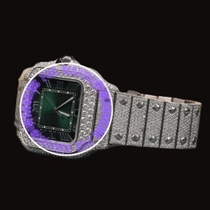 Montre-bracelet Hip Hop haut de gamme en or blanc et argent sterling avec cadran à chiffres romains et diamants Moissanite de couleur verte, cadeau élégant pour homme - Product Image 2