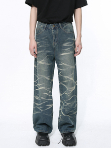 Jean en denim tie-dye décontracté pour homme, coupe ample, taille haute, jambe large, en coton, délavé à la pierre, style printemps - Product Image 3