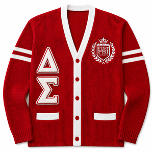 Cardigan rouge en tricot à col en V avec bordure blanche et lettres grecques brodées Delta Sigma pour femme, style preppy, manches longues - Product Image 1