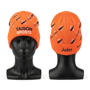 Women Cricket Beanie GSM premium acrylic knit orange jacquard design cuffed <b>winter</b> <b>cap</b> custom embroidery logo soft stretch fit - Product Image 1
