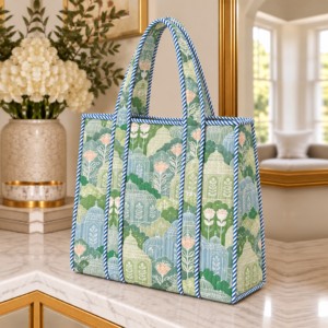 Elegante Bolso Tote de Tela de Algodón Suave e Informal para Mujer, Azul y Verde con Diseño Floral, Bolso de Hombro con Paneles, para Verano - Product Image 2