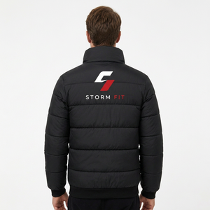 Customized Men's Winter Black Puffer <b>Jacket</b> Stand Collar Zipper Closure Windproof Casual Solid Color 100% Polyester - Product Image 3