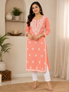 Peach Floral Hand Block Print Cotton <b>Kurta</b> for Women Sleeves Straight Fit Buy Direct From Supplier - Product Image 2