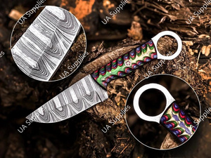 มีดแค้มปิ้งเหล็กดามัสกัสแบบใบมีดหยดน้ำ พร้อมรูสำหรับนิ้วจับ ด้ามไม้แกะสลัก และปลอกไม้ (รับผลิตแบบ OEM/ODM) - Product Image 3