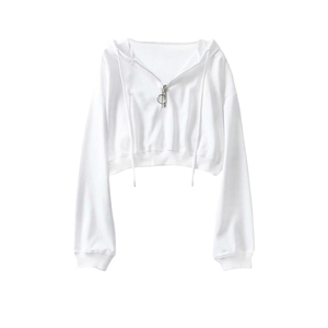Sudadera Corta con Capucha para Mujer, Blanca, de Manga Larga, con Cierre Frontal, Color Sólido, Tejida, Transpirable, para Otoño - Product Image 1