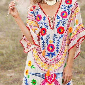 ชุดคลุมชายหาดผ้าฝ้ายปักลายหรูหรา 100% |   เสื้อคลุมสไตล์โบฮีเมียนประดับพู่สำหรับใส่เดินเล่น |   ชุดรีสอร์ทฤดูร้อนคอวีสุดหรู น้ำหนักเบา - Product Image 6