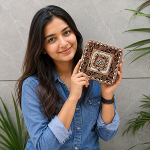 Hand Tooled Leather Cosmetic Case Square Embroidered Bohemian Vintage Zipper Closure Small Size Cowhide <b>Makeup</b> Organizer - Product Image 3